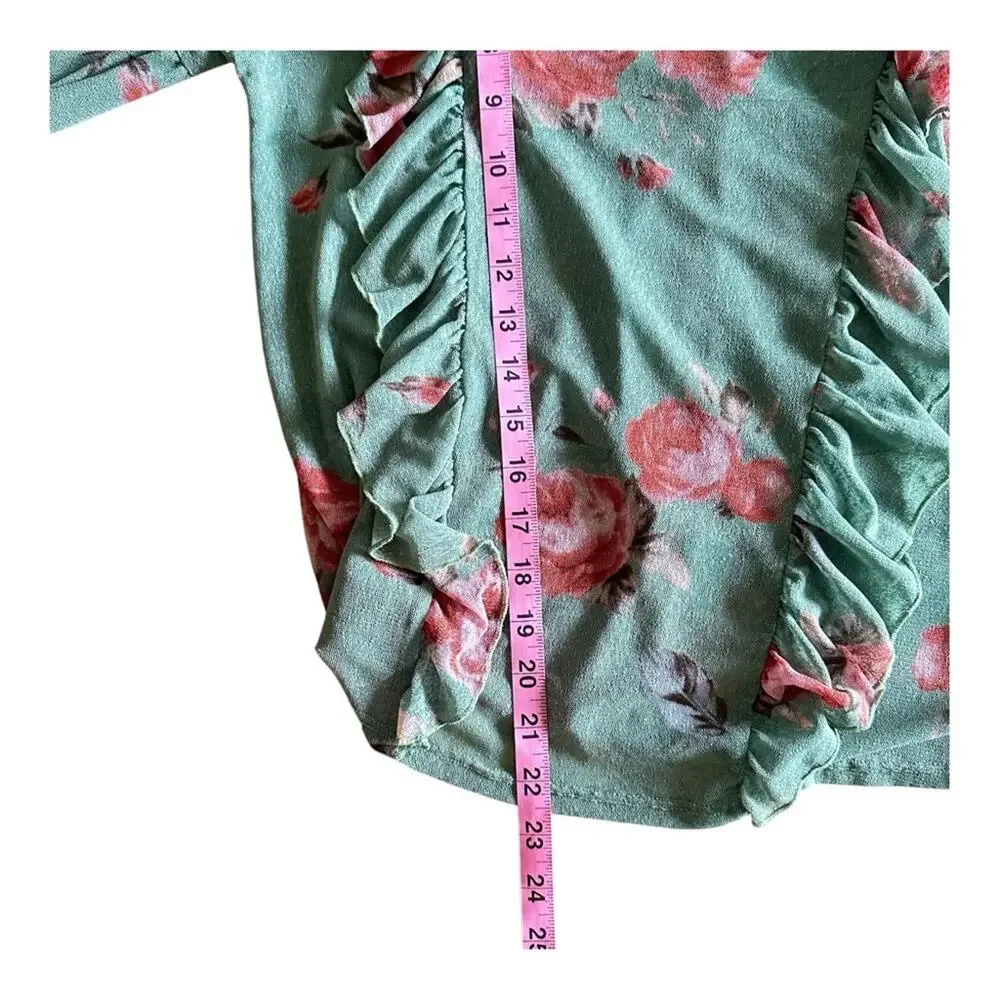 Know.One.Cares Green Top Floral Ruffle Long Sleeve Semi Sheer Shirt Couquette  S - Picture 10 of 13